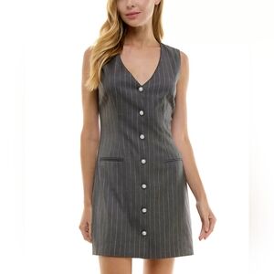 City Studios Juniors' Metallic-Striped Faux-Pearl-Button V-Neck Jacket Dress‎ L
